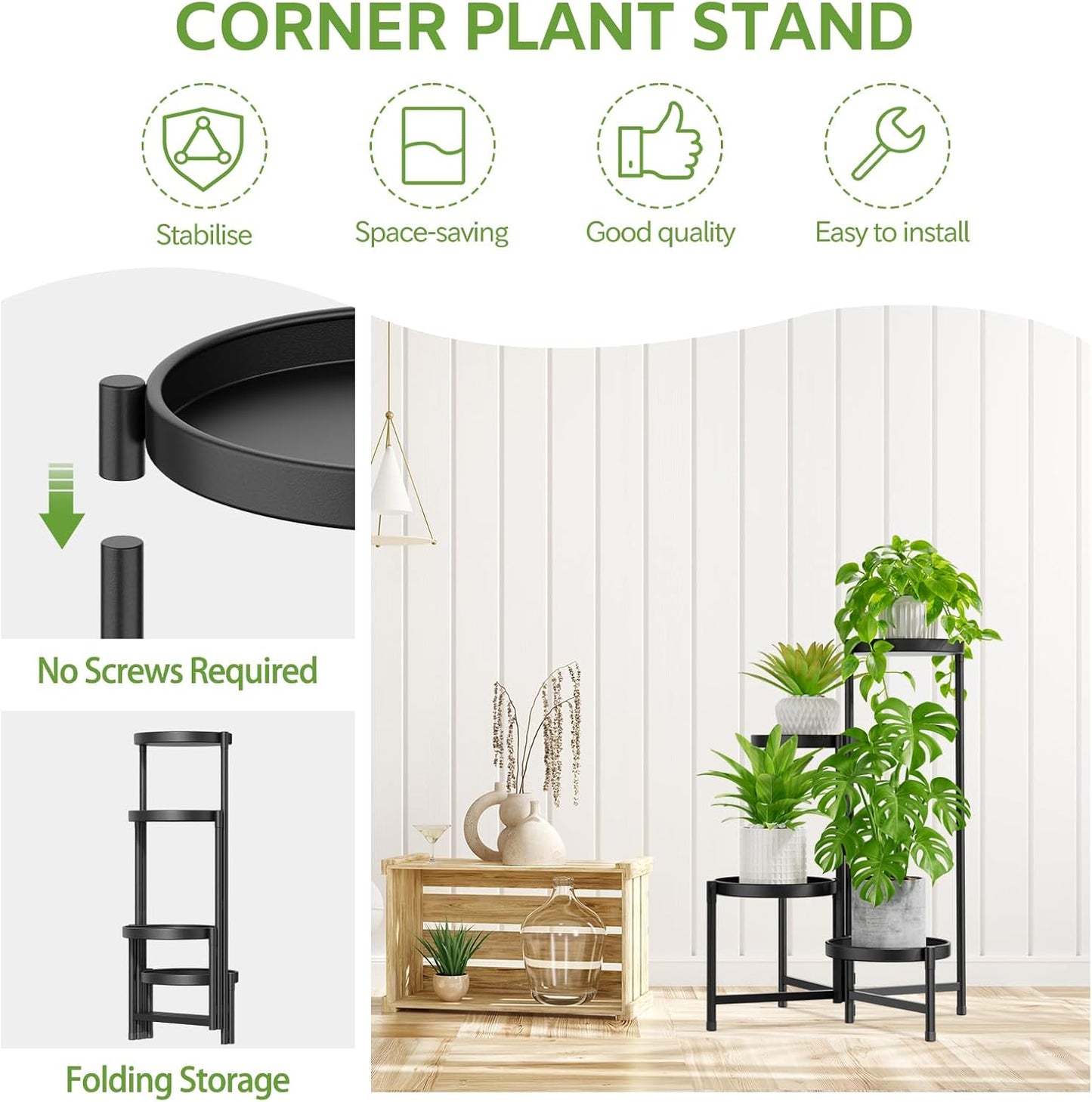 iDavosic.ly 4 Tier Large Plant Stand Indoor with 10 Inch Wide Tray, Tiered Corner Metal Outdoor Flower Display Holder Shelf, Folding Tall Rack for Patio Porch Living Room, Modern Black