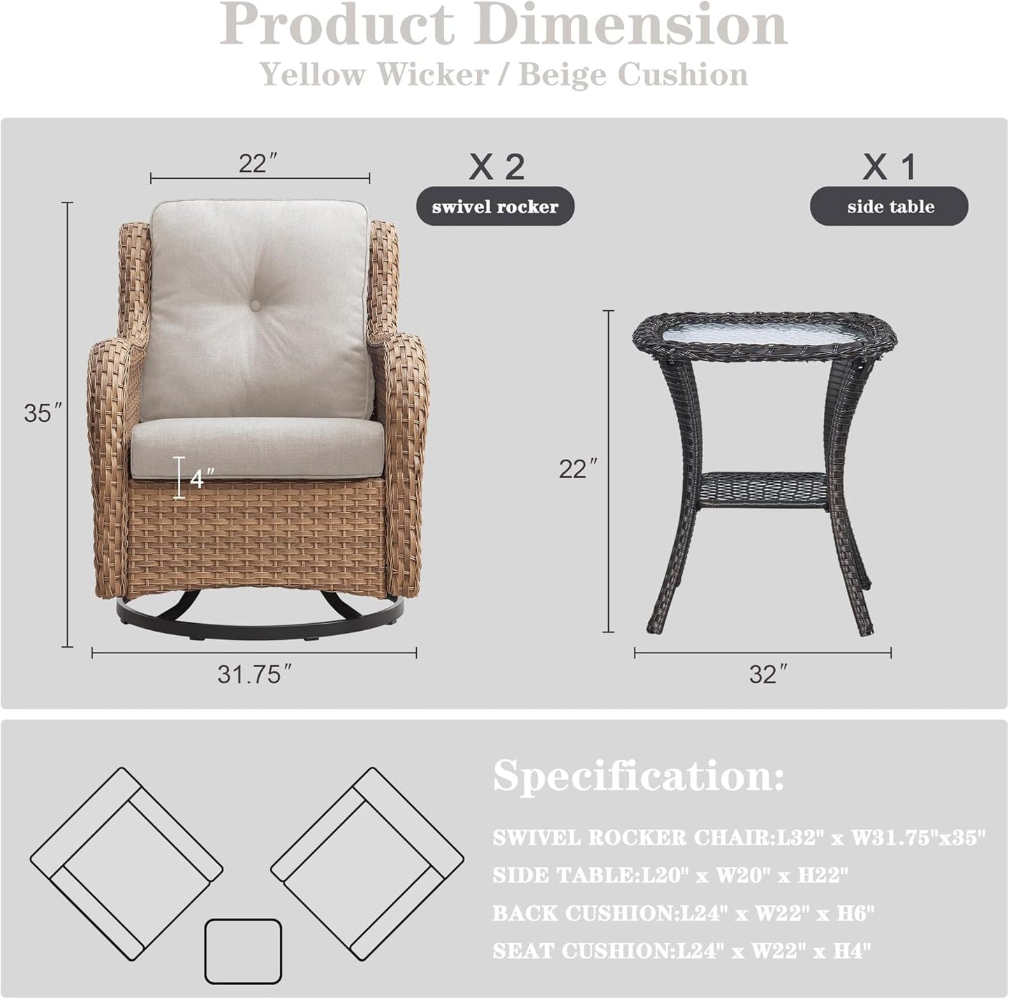 Outdoor Swivel Rocker Patio Chairs - 360 Degree Swivel Glider Seating 350LBS Weight Capacity 3 Piece Wicker Rocking Chairs Set with Side Table for Porch Balcony Deck, Yellow/Beige