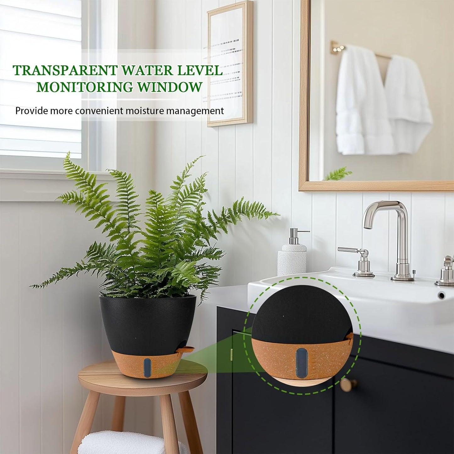 2 Pack 10 inch Plant Pots, Plastic Self Watering Planters with Drainage Holes, Deep Reservoir, Water Level Indicator, Modern Decorative Flower Pots for Indoor Outdoor Plants (Black, 10 inch)