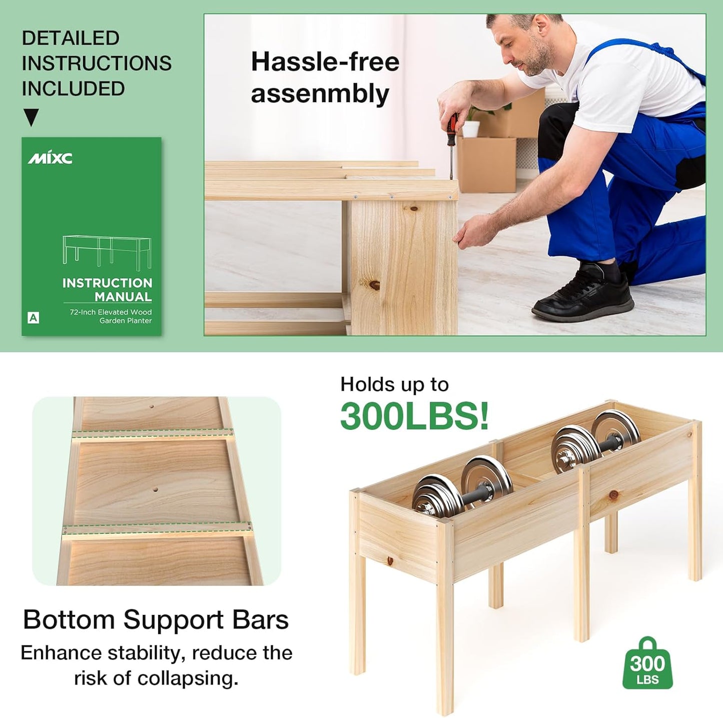 MIXC 72”L X 23”W Raised Garden Bed Outdoors with Legs, Elevated Reinforced Wooden Large Planter Box for Backyard, Patio, Balcony w/Divider Panel, 6 Legs, 300lb Capacity