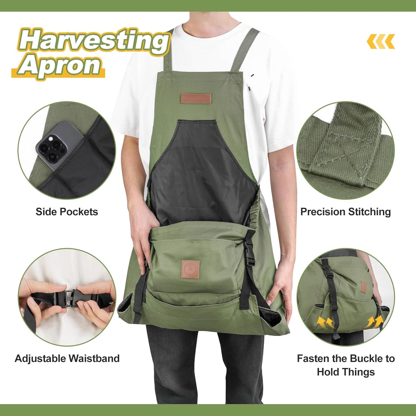Berry&Bird Harvest Apron, Canvas Gardening Apron with Pockets and Harvesting Pouch Waterproof Harvesting Apron