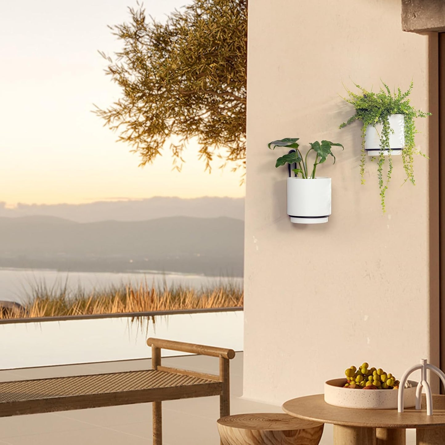 2 Pcs Wall Mounted Hanging Planter Vase for Indoor and Outdoor Plants Modern Metal Wall and Ceiling Planter Minimalist Flower Pot (White, 5.91 inch)