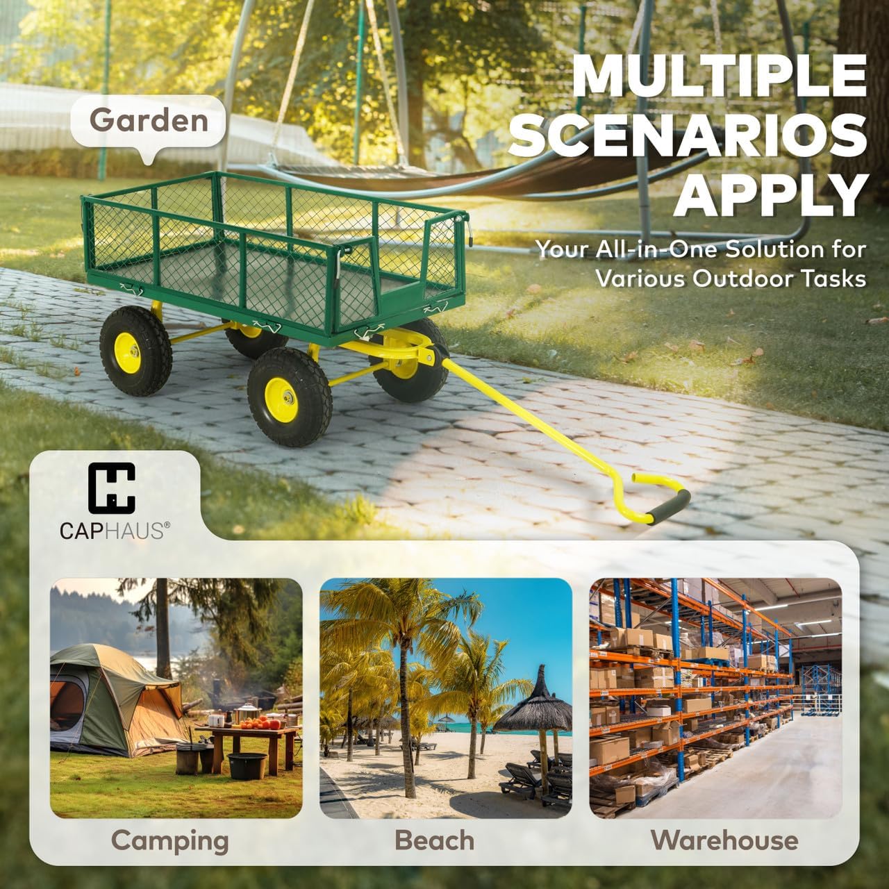 CAPHAUS Metal Green Garden Cart, w/ 180° Adjustable Yellow Handle, w/Mat and Strap, Heavy Duty 880 lbs Capacity, w/ 10” Flat-Free Tires, Sides Removable, Utility Wagon, Yard Cart, for Garden, Farm