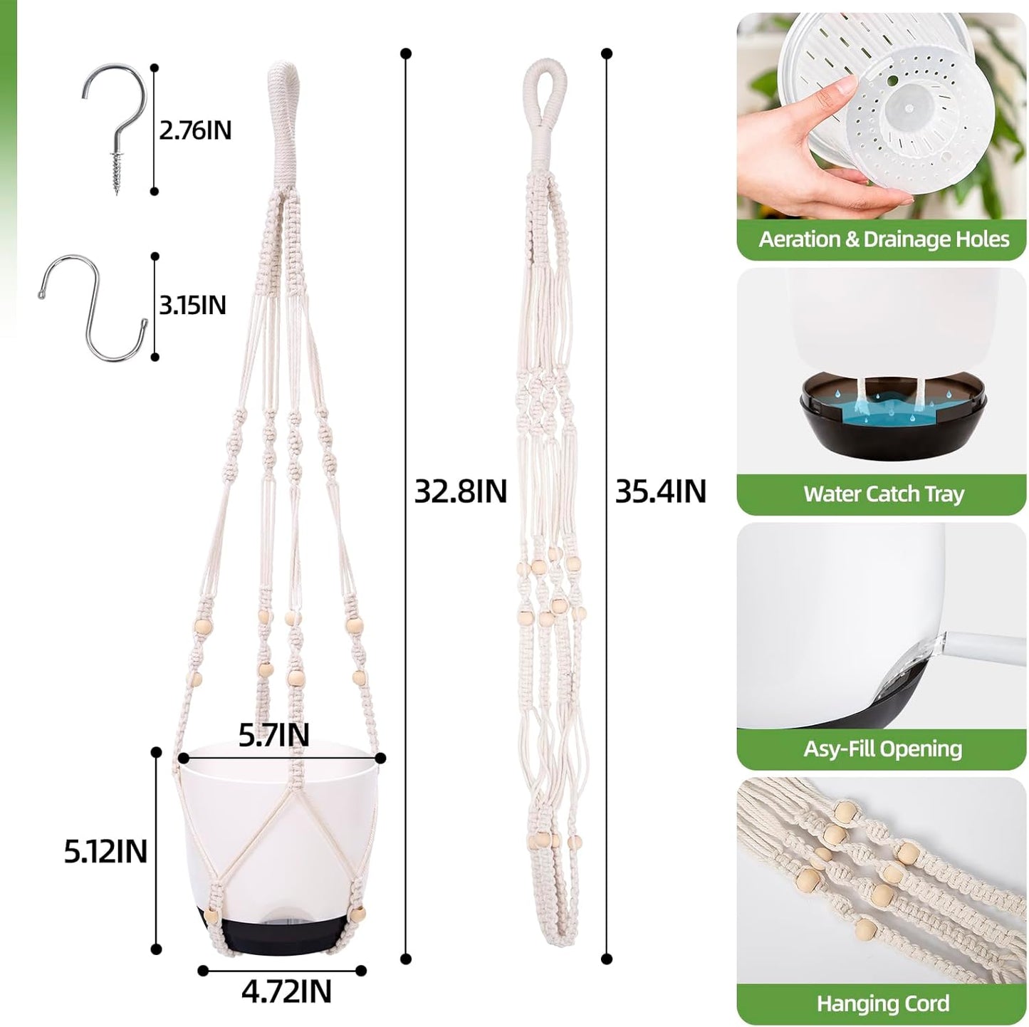 2-Pack Self-Watering Hanging Planters for Indoor & Outdoor Plants,34-Inch macrame hanger plant pots indoor with drainage,5.7-Inch Small Hanging Planters & Baskets in Black,With two sets of hooks