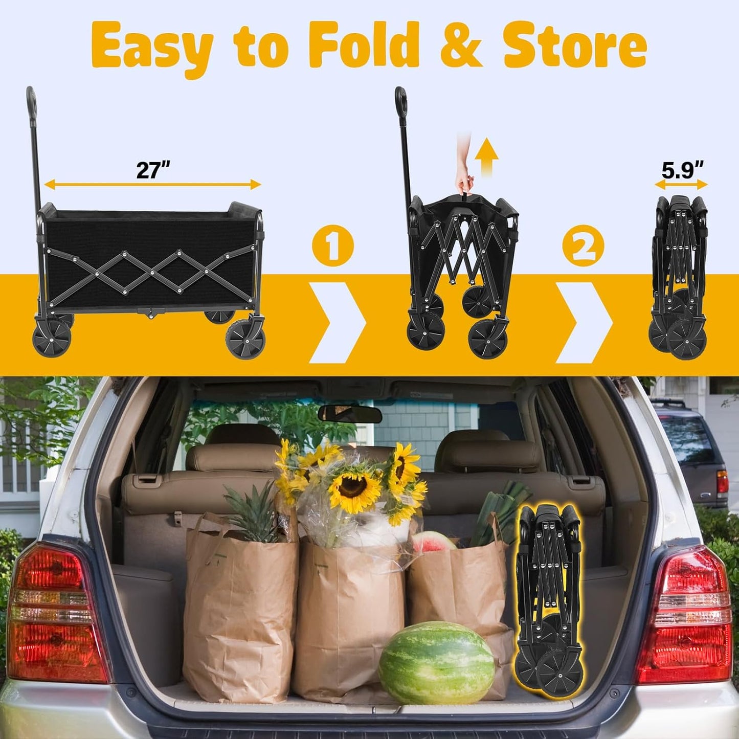 Wagon Cart Foldable, 360Lbs Collapsible Wagon Cart with Wheels Portable, Outdoor Utility Carts for Groceries, Camping, Sports, Garden, Shopping, Black