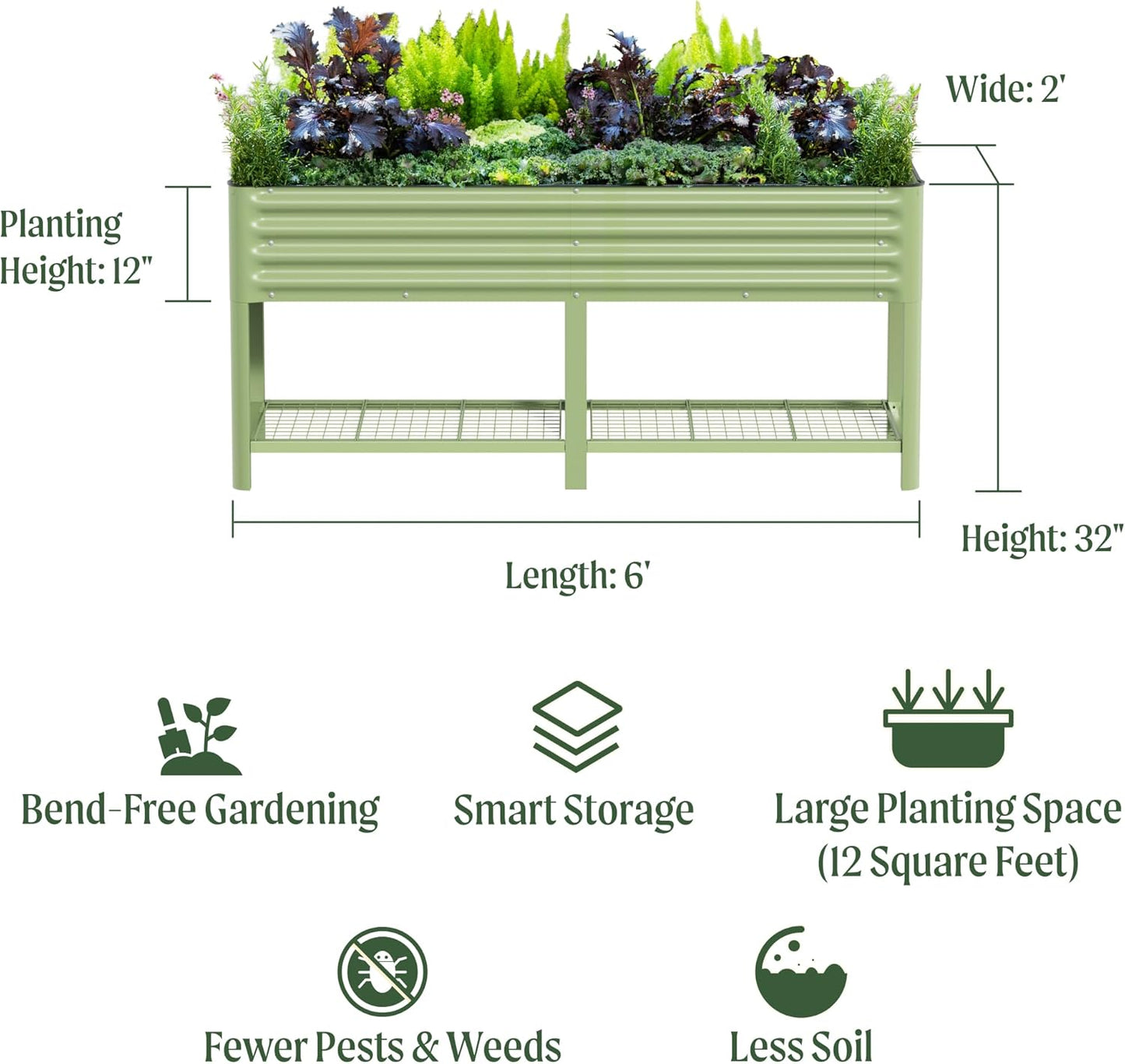 Elevated Raised Garden Bed-V Series, 2' x 6' Garden Beds with Legs & Storage Rack for Patio Porch, 1000 Lbs Weight Capacity, Outdoor Planter Boxes for Gardening Herbs Vegetables Flowers, Olive Green