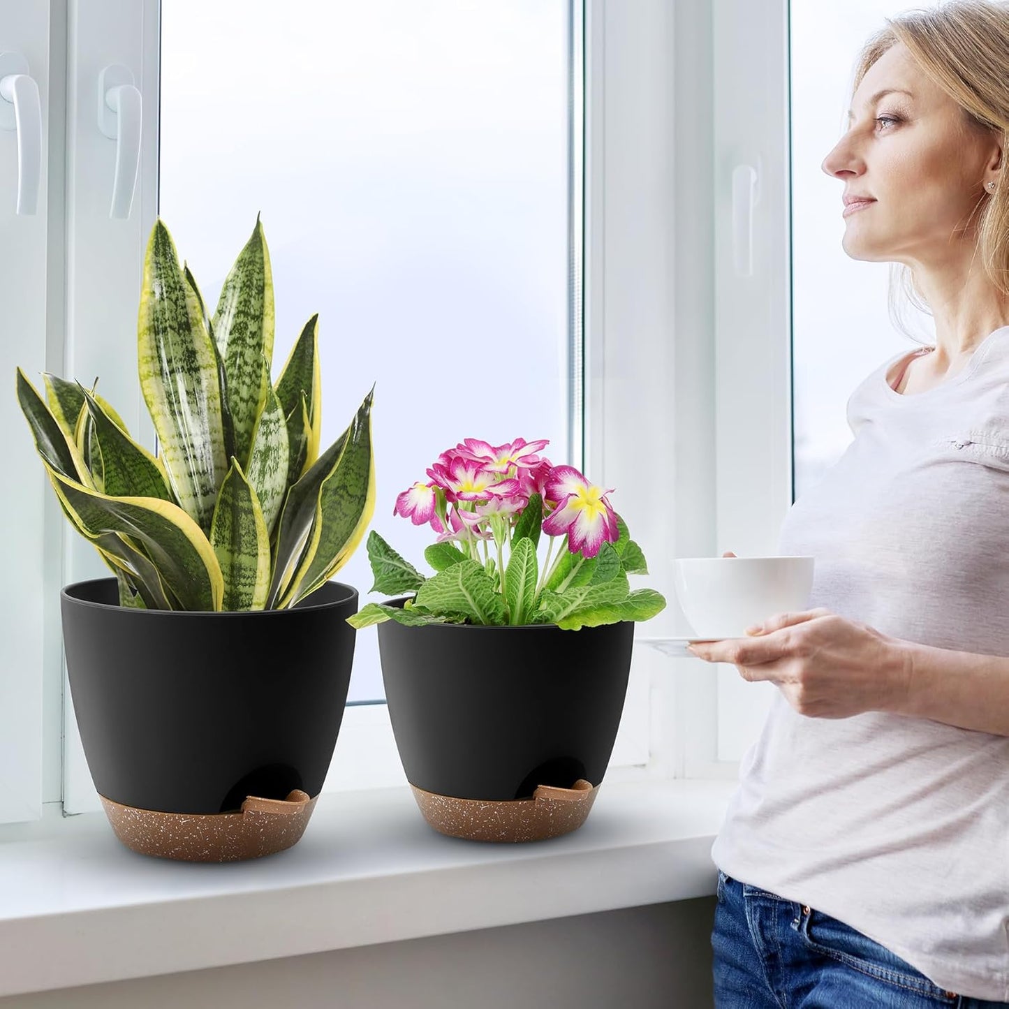 Plant Pots 10/9/8/7.5/7 Inch Self Watering Pots, Set of 5 Plastic Planters with Drainage Holes and Saucers,Plastic Flower Pots,Nursery Planting Pot for Indoor Out Door Plants(Black Brown)
