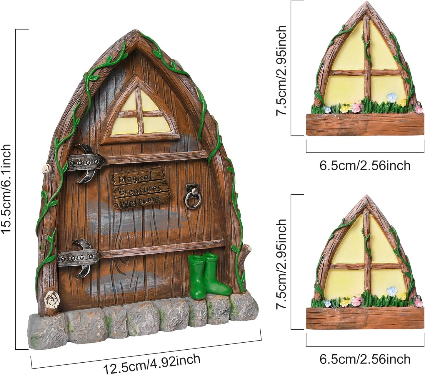 Resin Fairy Door and Window for Trees,Glow in The Dark,Miniature Fairy Garden Accessories,Garden Outdoor Decor for Trees,Gnomes House，Elf House