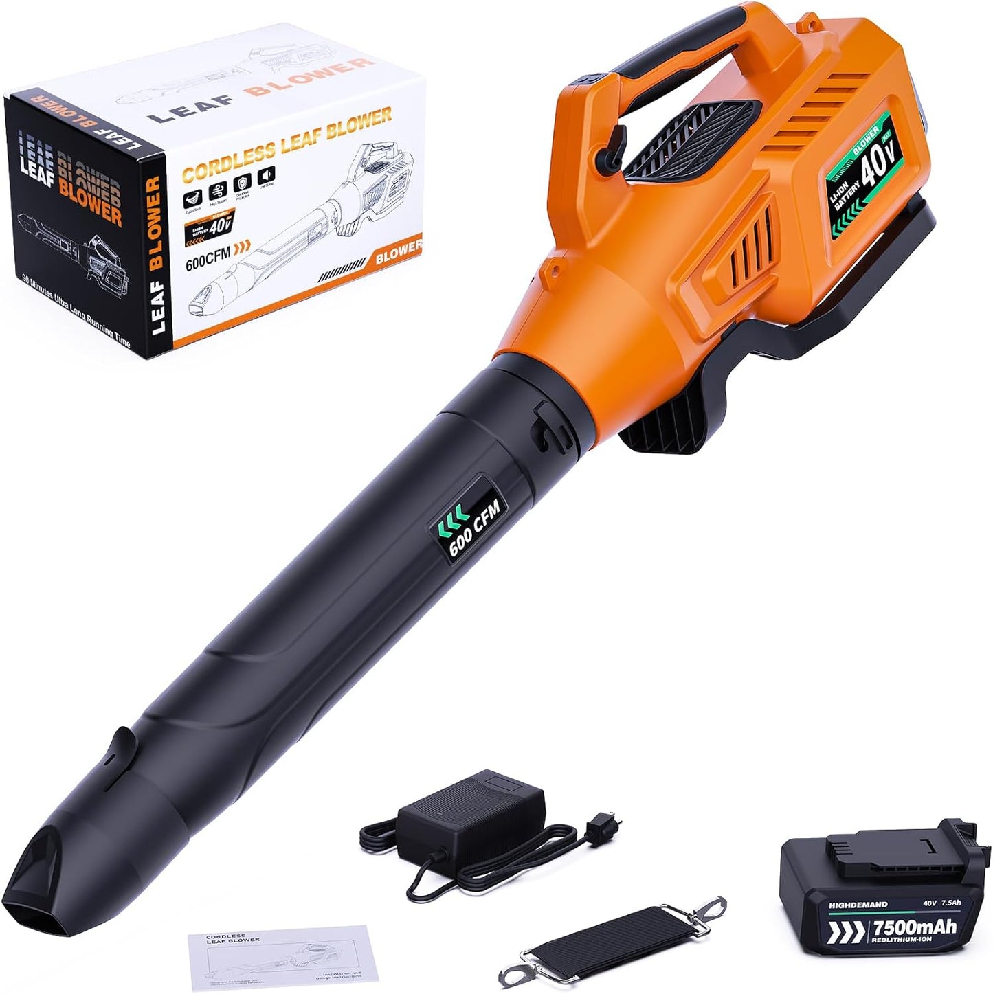 Leaf Blower Cordless, 40V 600CFM &180MPH Electric Leaf Blower with 7.5Ah Battery, Fast Charger and Extension Tube for Blowing Leaves Snow for Yard Garden Lawn Care, Orange