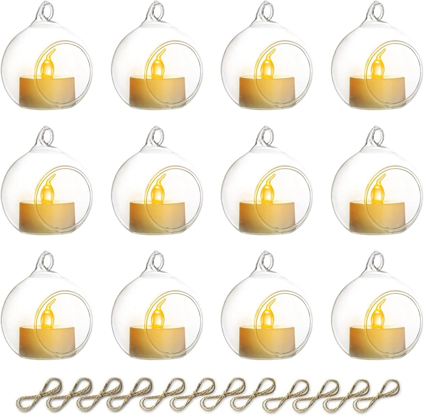 NUPTIO Hanging Glass Globe with Candles: Set of 12 Tealight Candle Holders with LED Tea Lights - 2.36 inch Bulk Clear Votive Candleholders for Party Wedding Birthday Shower Celebration Tree Decoration