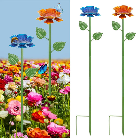 2 Pack Bee Watering Station - Flowers Butterfly Feeder, Bee Water Feeders for Outside, Metal Garden Decor, Bee Baths for Garden Yard Patio (Blue,Yellow)