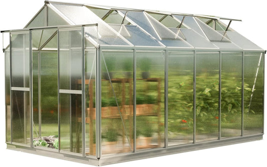 Greenhouse Saphir 6 Aluminum Frame 8.5 x 12.6 ft Approx. 8 mm Polycarbonate Panels - with Bonus Base Frame and Automatic Vent Opener