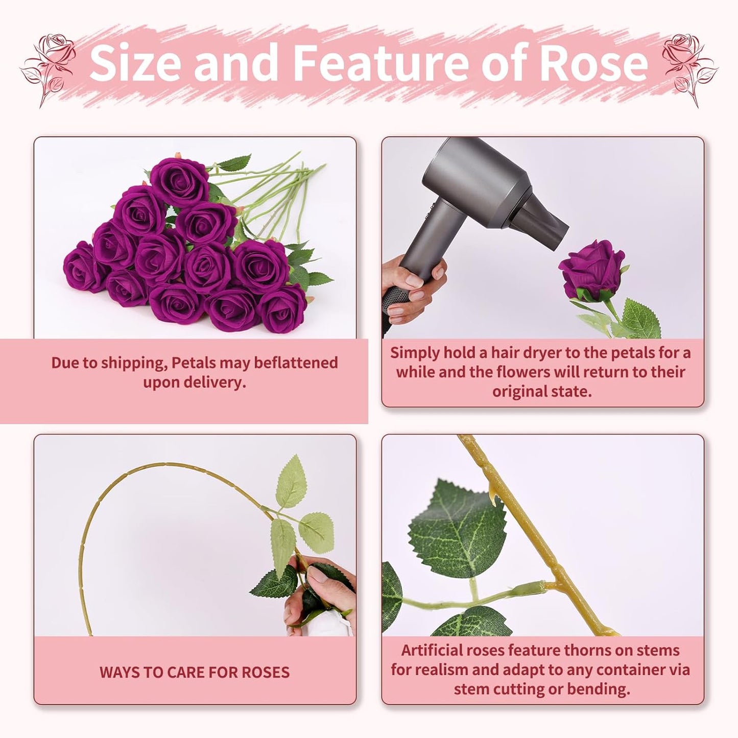 55 PCS Fake Roses Artificial Flowers Bulk, Purp Roses Bridal Bouquet Silk Faux Rose with Stems for Wedding Flowers Decoration, Valentine's Day, Bridal Bouquet, Anniversary,Home Decor (55PCS, Purple)