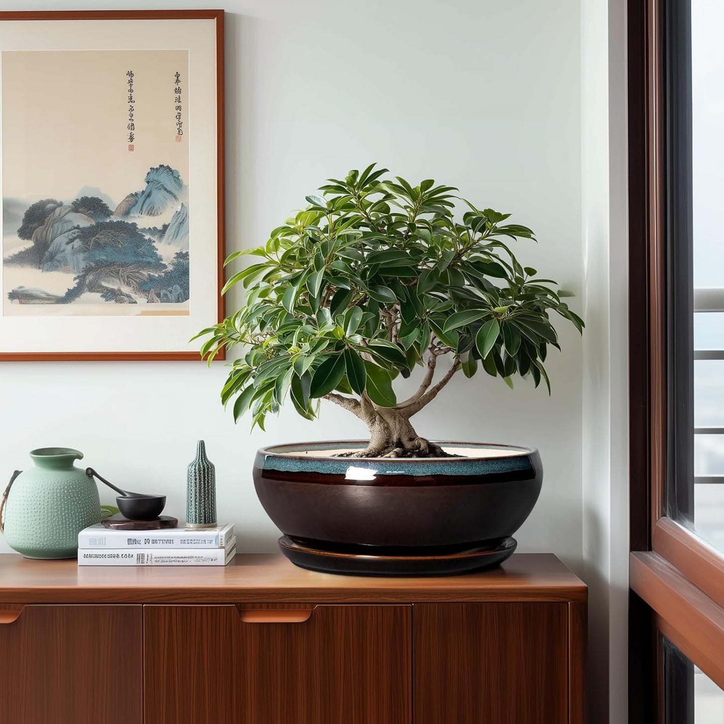 SQOWL Bonsai Planter 12 Inch - Ceramic Succulent Pots Large, Round Shallow Plant Pots Indoor with Drainage Hole and Saucer, Bowl Planter Outdoor for Flower, Room Decor, Housewarming Gifts, Blue-Brown