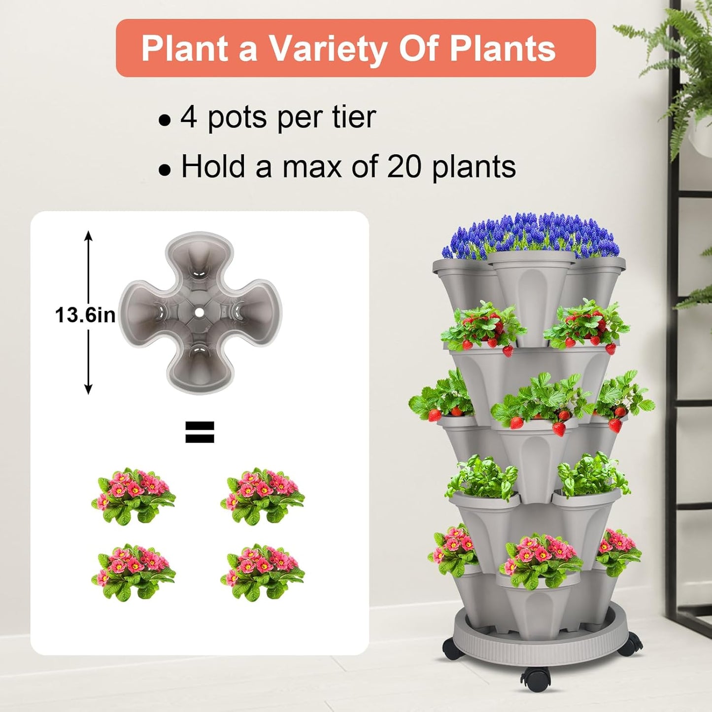 DUNCHATY Stackable Vertical Garden Planter with Wheels and Tools, Self-Watering Indoor/Outdoor 5-Tier Herb Planter for Growing Vegetables and Succulents, Gray
