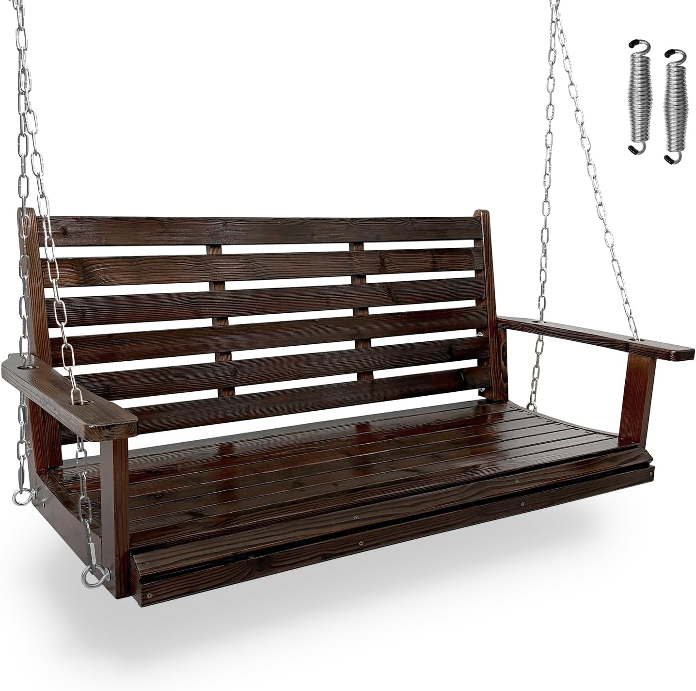 Wooden Porch Swing, Ergonomic Seat, Bench Swing with Hanging Chains and 7mm Springs, Heavy Duty 880 LBS, for Outdoor Patio Garden Yard (Dark Brown, 2-Seater Extra Large)