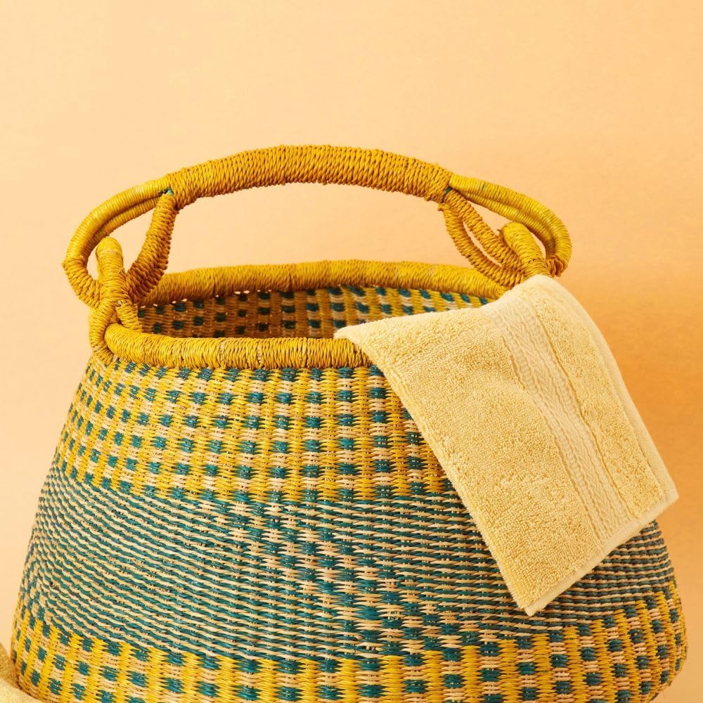 Home & Kitchen Decor, Wicker Basket, Picnic Basket, Living Room Basket, Organizing, Harvesting, Foraging, Fruit Storage, Hand Woven, Pot Shape, 16" Wide, Boho - Yellow Teal