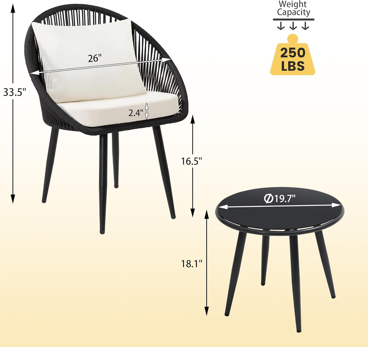 3 Pieces Bistro Set, Woven Rope Chair with Cushions, All Weather Patio Conversation Set and Side Table, Ideal for Deck, Balcony, Poolside, Black