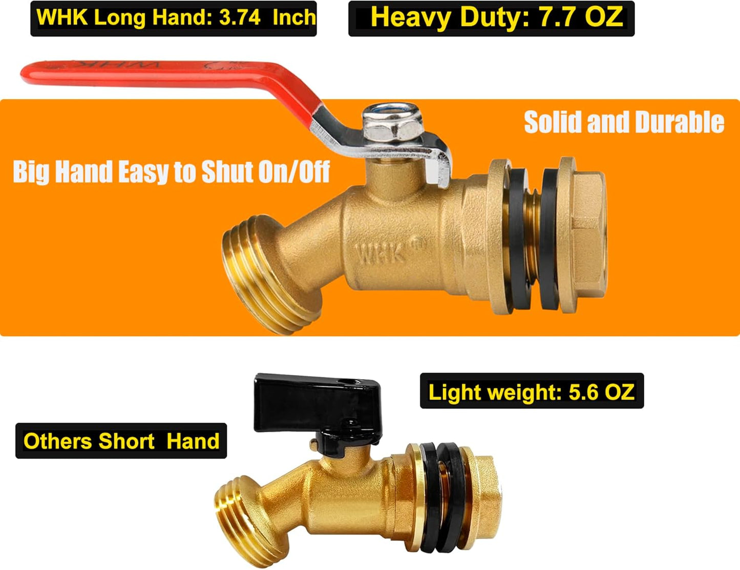 WHK Rain Barrel Spigot Kit-Water Bucket Spigot Faucets-Water Spicket Water Spout Spigot for 5/55 Gallon Bucket for Rain Barrel Water Container WaterTank,1/4 Turn with Long Handle(Brass)