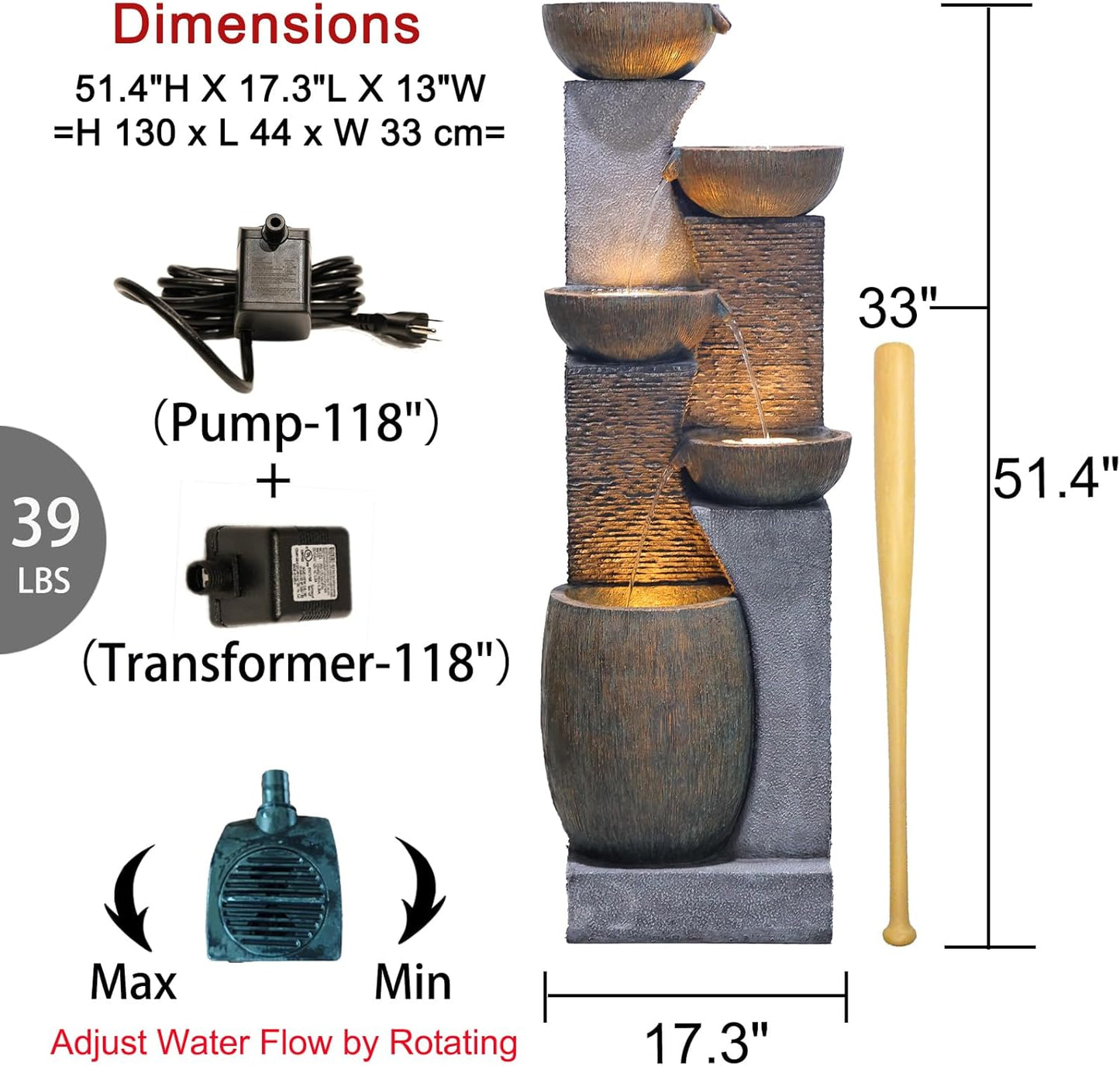 51.4" H Outdoor Garden Water Fountain for Garden, Patio, Backyard, Deck, Porch and Home Art Decor, 5 Tiers Modern Cascading Large Outdoor Fountain with Lights