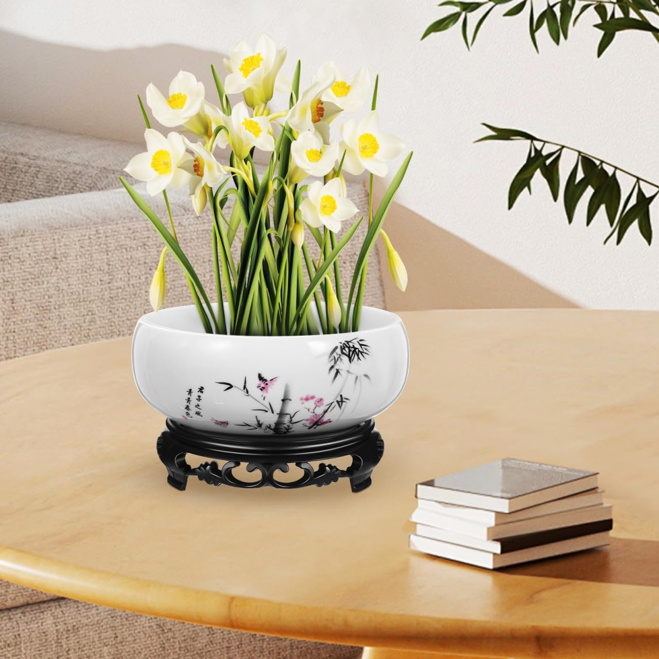 Ceramic Chinese Pot with Base Hydroponic Pot White Water Lily Bowl Ceramic Planter for Home Office Garden 7 Inch