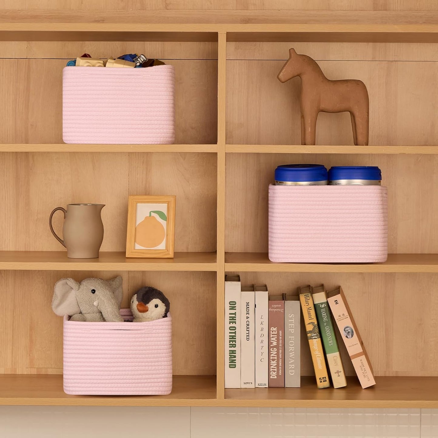 Small Organizing Baskets for Cubes Shelf, 9.7x9.7x7.1 Inch Rope Woven Storage Bins for Nursery Shelves Storage, Cute Toy Basket, Square 3 Packs Light Pink