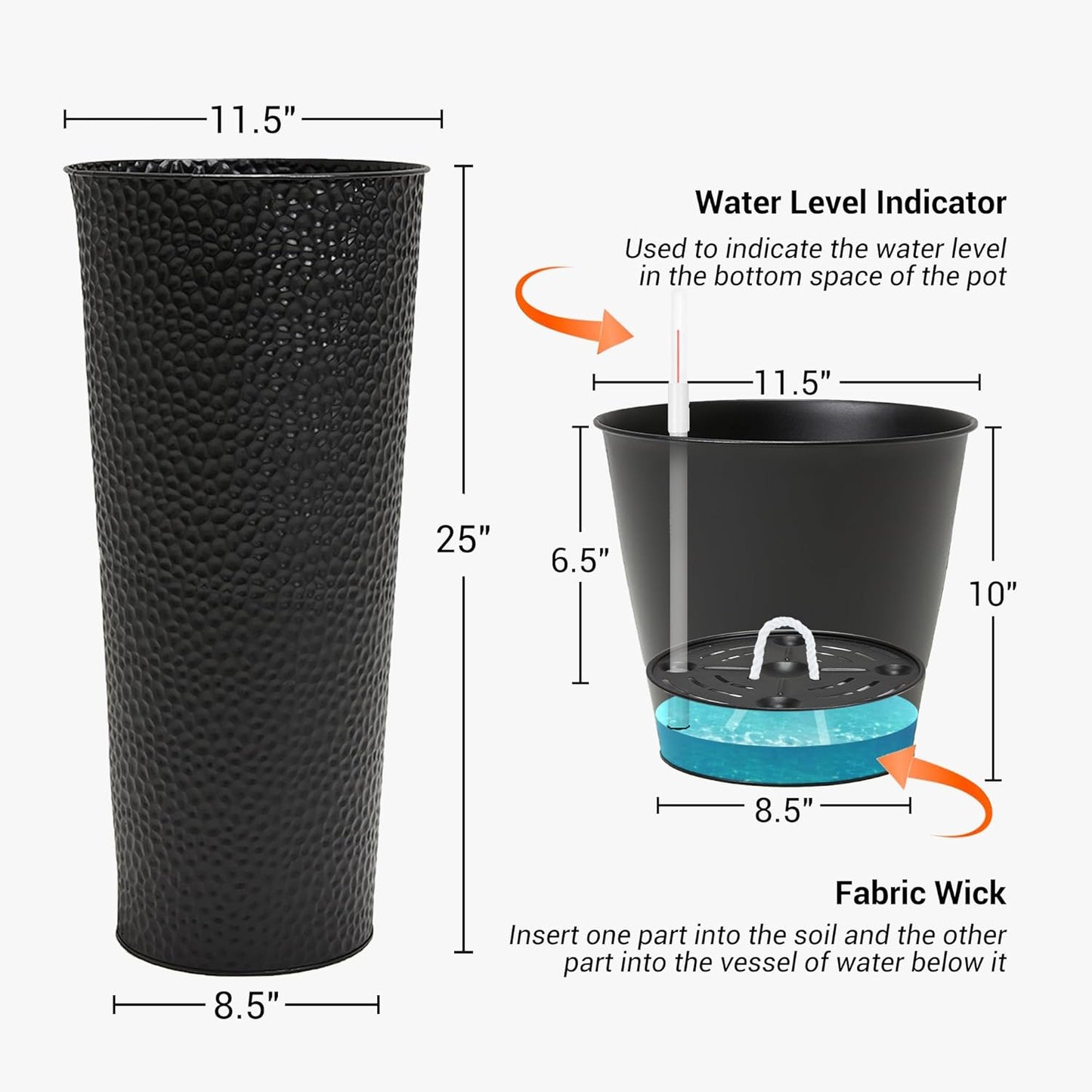 Worth Garden 2-Pack 25" H. Metal Planter with 2X Inside Pots - Hand-Hammered Texture Tall Tapered Plant Pots - Large Handcrafted Flower Pot for Indoor Outdoor, Deck, Patio, Front Porch (Black)