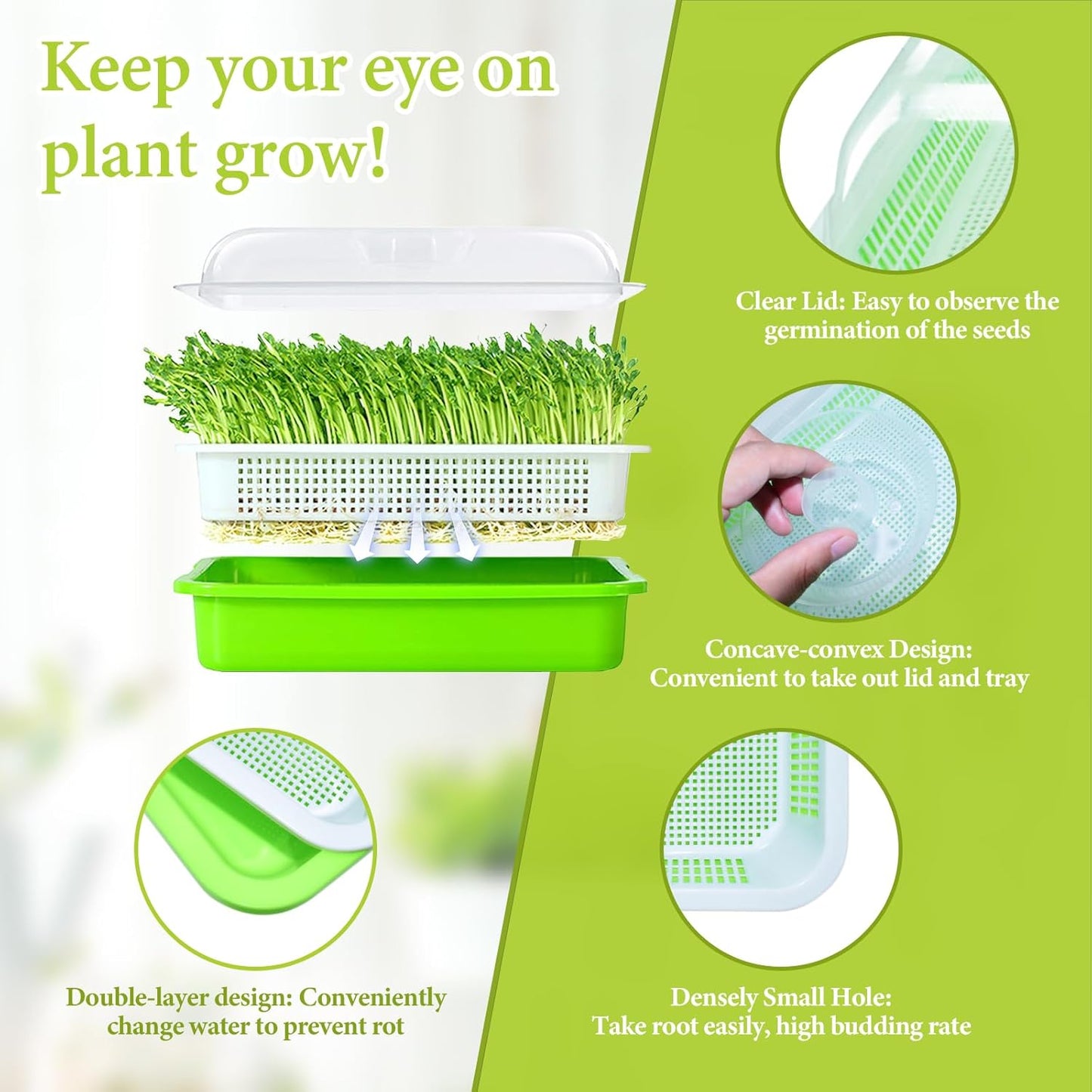 Legigo 8 Pack Seed Sprouter Trays with Lids- Soil-Free Cultivation Germination Tray, BPA Free Micro Greens Growing Trays Seed Sprouting Trays Kit with Germinating Paper for Wheatgrass, Beans and More