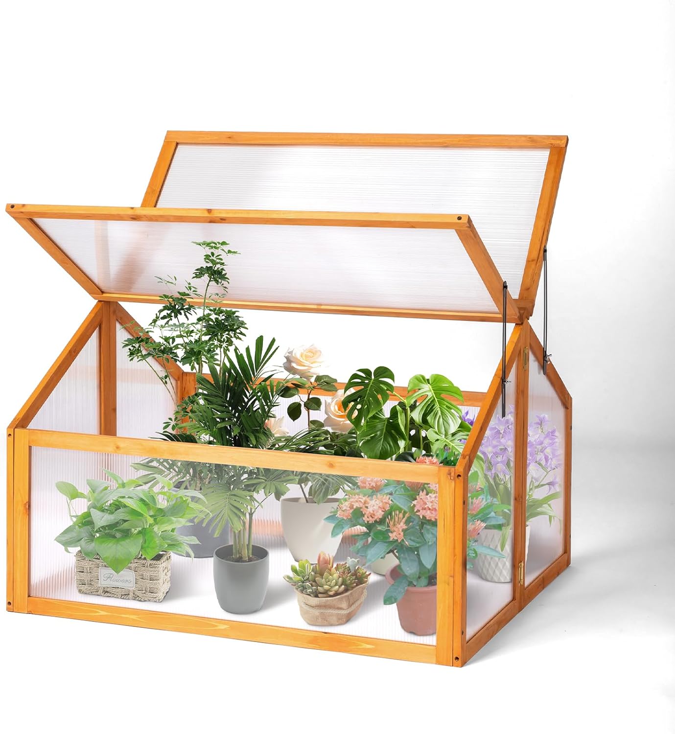 VINGLI Cold Frame Greenhouse, Mini Wooden Green House with Flip-Top Roof, Raised Flower Planter Shelf, Small Lockable Wood Cabinet for Plants Indoor Outdoor (Yellow, 35.43" x 30.71" x 23.23")