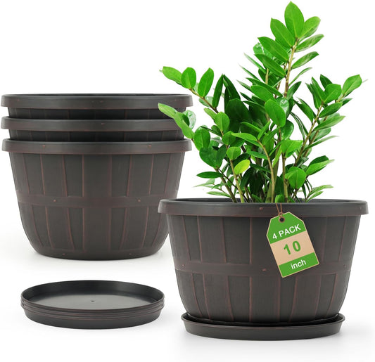 Quarut 10 inch Plastic Flower Pots for Outdoor Plants，4 Pack Large Outdoor Planter Pot with Drainage Holes & Saucers，Imitation Wine Barrel Design，for Indoor Outdoor Garden Plants（Brown）