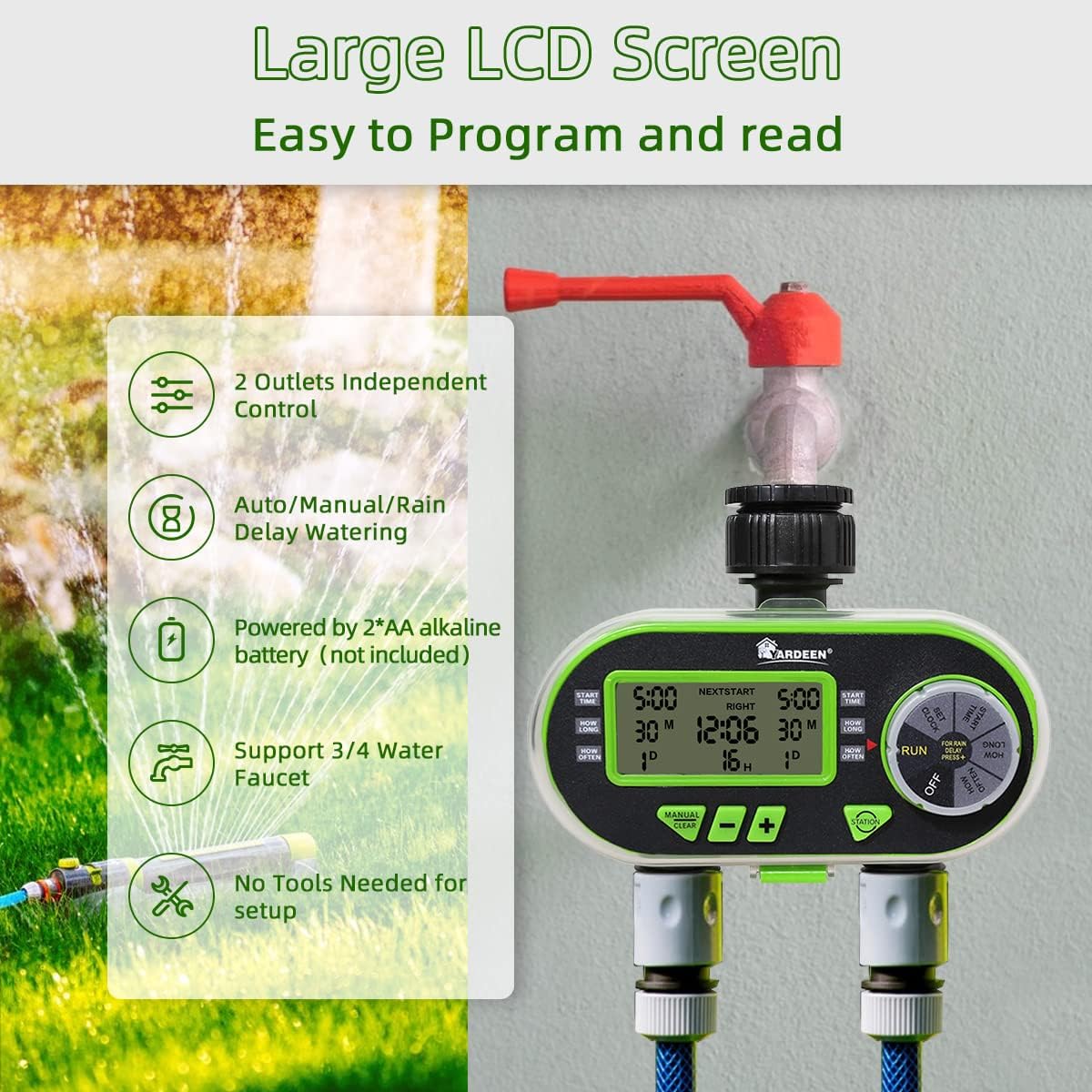 2 Outlet Garden Digital Electronic Water Timer Irrigation Controller for Garden Yard, Green