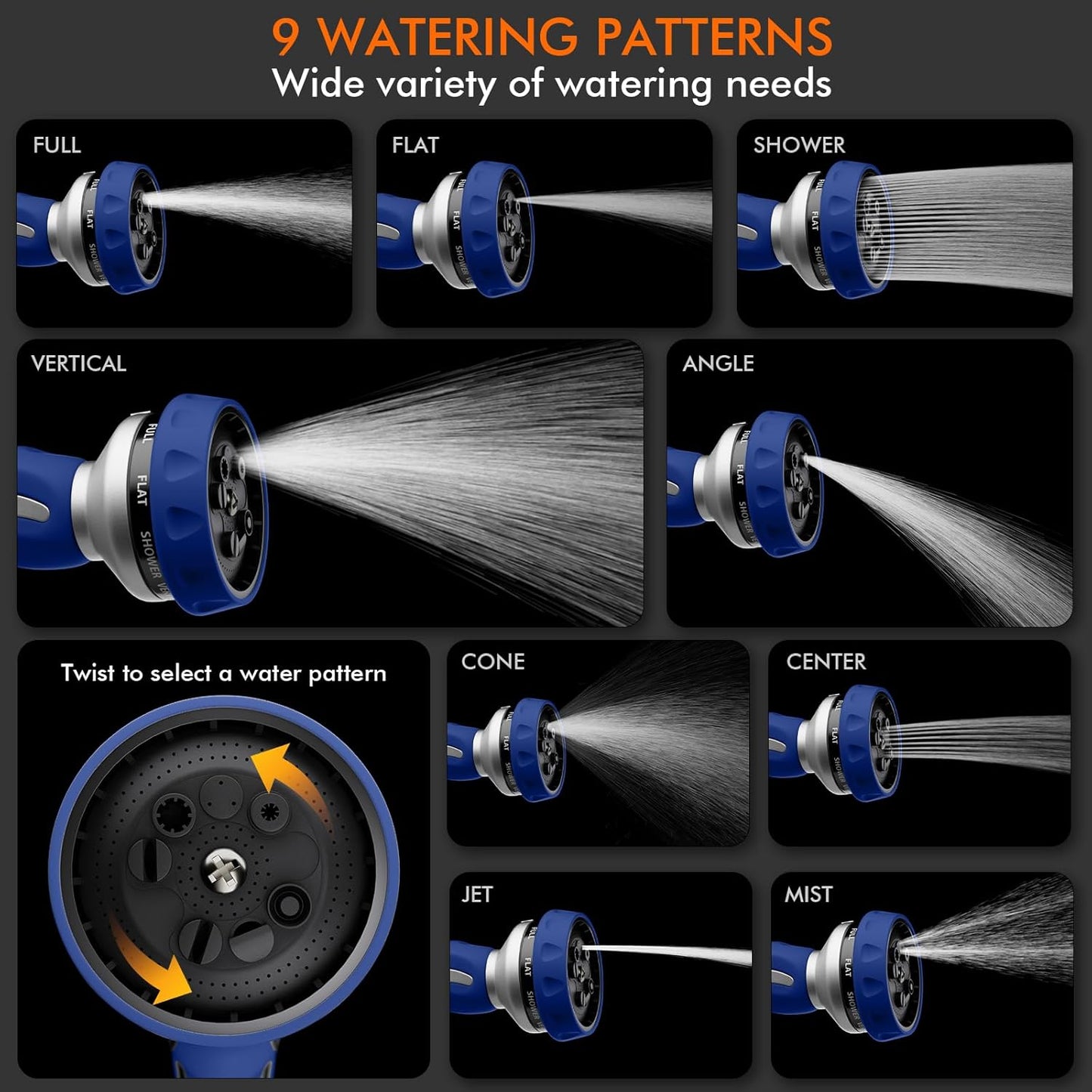 RESTMO Hose Nozzle Heavy Duty, Metal Water Hose Sprayer for Garden, 9 Spray Patterns | High Pressure | Thumb Flow Control | On/Off Valve, Ideal for Lawn & Plant Watering, Car & Pet Washing, Blue