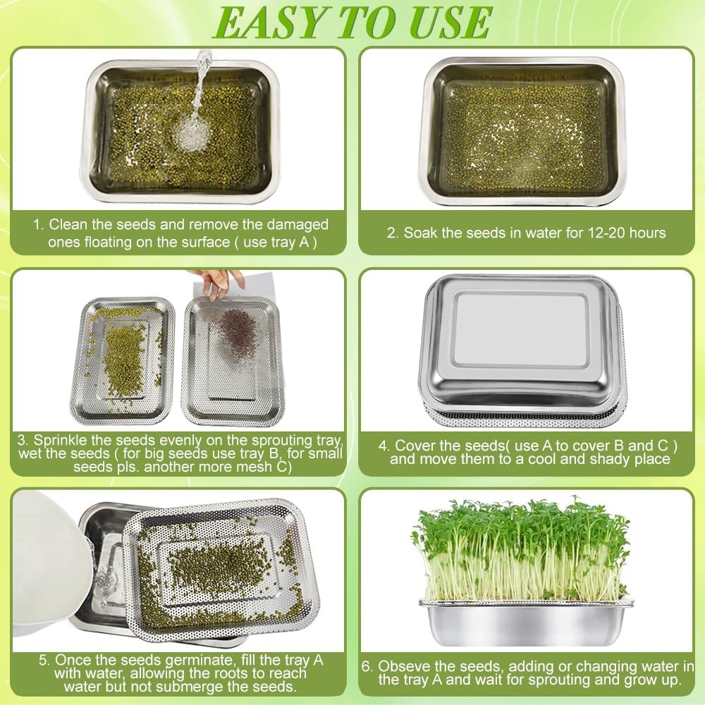 Picowe Stainless Steel Sprouting Trays Seed Sprouting Kit with Stainless Steel Mesh Tray Seed Starter Tray Seed Sprouting Kit (3pack, 10.4 x 7.7inch)
