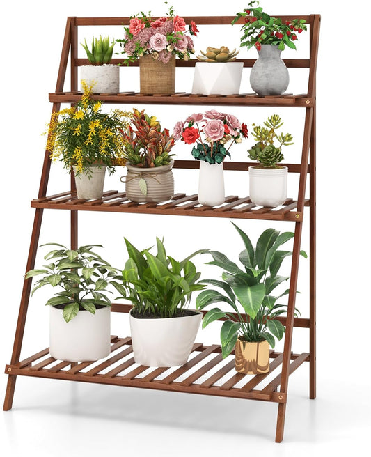 COSTWAY Bamboo Plant Stand, Foldable Multifunctional Flower Display Ladder Shelf, 3-Tier Storage Rack