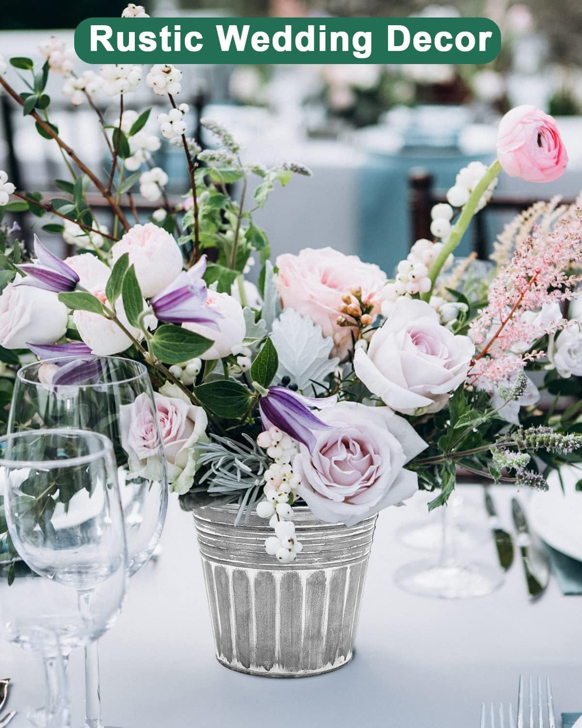 vensovo 7 Inch Silver Metal Rustic Flower Pots - 6Pcs Medium Galvanized Planters with Drainage Hole and Rubber Plug, Rustproof Metal Bucket Plant Pots Farmhouse Vintage Style for Decor