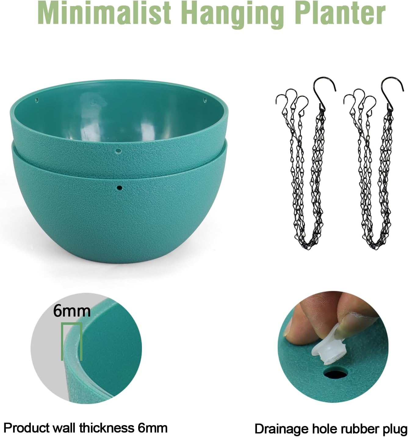 8 inch Small Hanging Planters Plant Pots for Indoor Outdoor Plants, 2 Pack Hanging Flower Pots with Drainage Holes and Chain for Garden, Plastic Hanging Baskets for House Plants, Blue Green