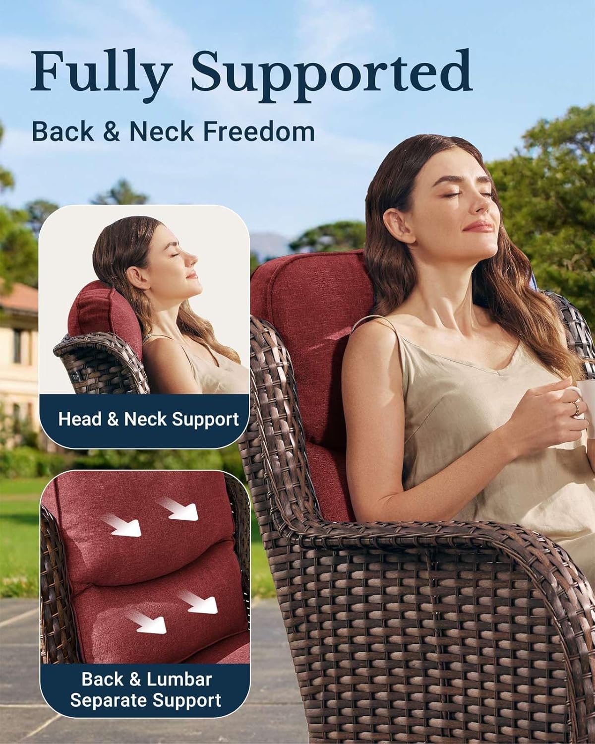 HILLGA Luxury Patio Furniture Set with 6-inch Thick Cushion, Outdoor Couch and High Back Swivel Rocker Patio Chairs, 10PCS Wicker Conversation Set for Deck Yard and Poolside, Burgundy (V2)