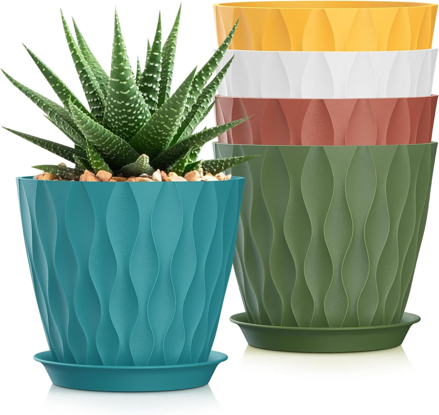 7 Inch Plant Pots 5 Pack, Flower Planters with Drainage Holes and Trays,Plastic Pots for Indoor Outdoor Plants,Multicolor