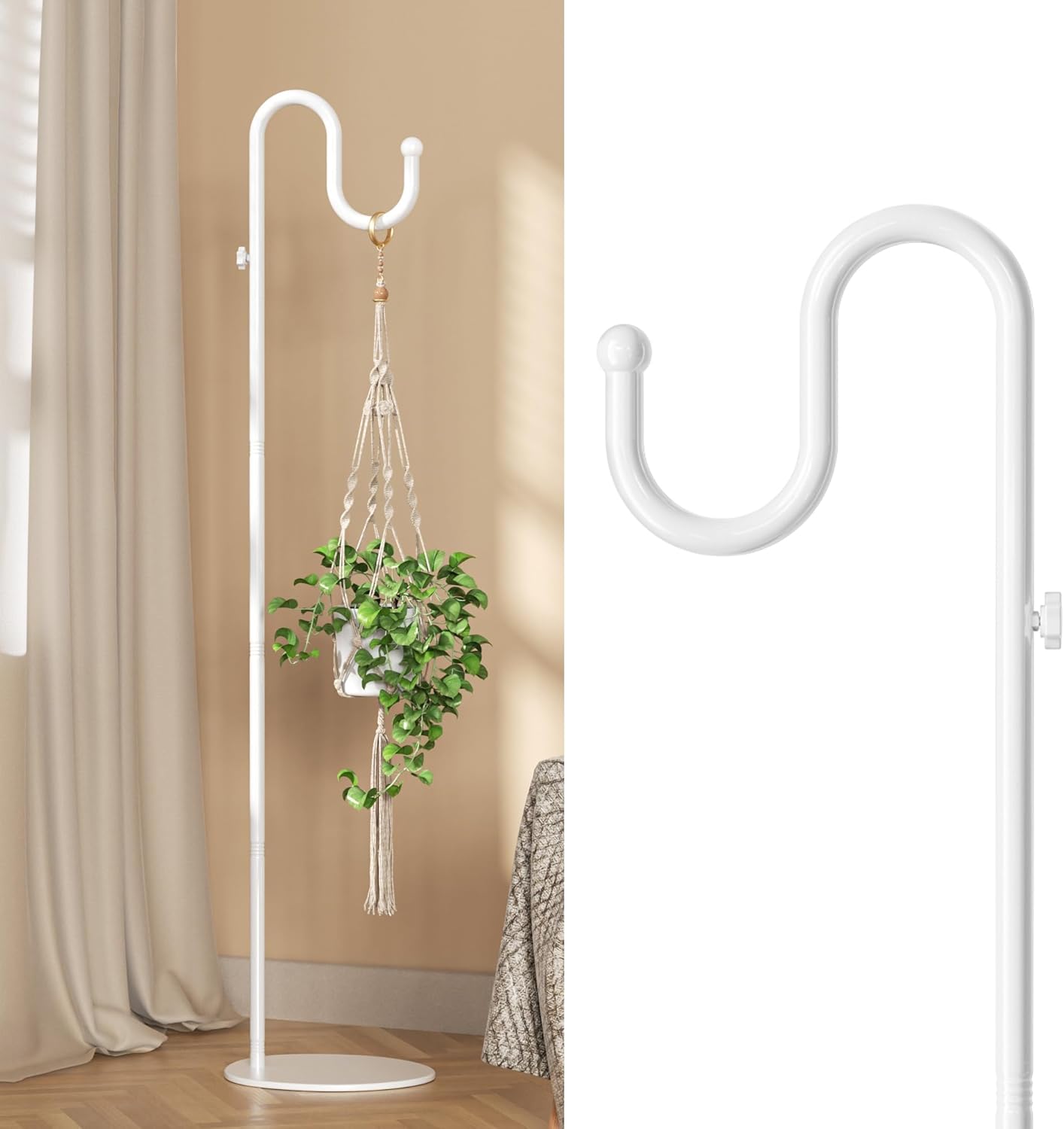 niffgaff 74" Shepherds Hook Stand for Plant: Hanging Bird Feeders, Plants, Lanterns, Wreath and Wind Chimes, Adjustable Free Standing Pole Holder with Heavy Duty Base, Holds Up to 20 LBS, White