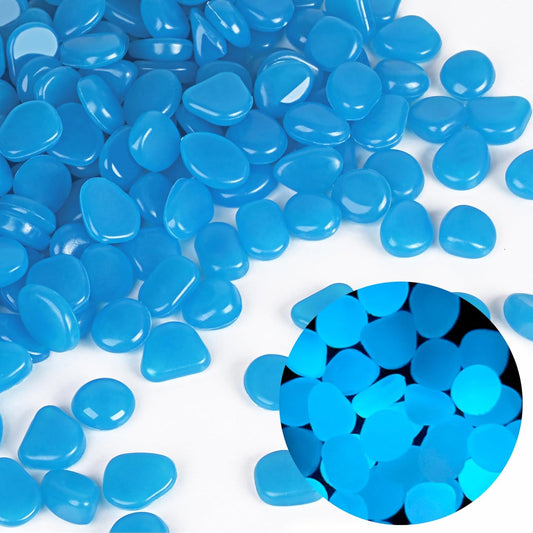 Oubest Glow in The Dark Rocks for Outdoor Landscaping Garden Stones, 0.8 Inch Blue Glow Pebbles Luminous Stones Decorative Rocks for Vases Pathway Walkway Yard Patio Fountain Driveway, 150PCS, Blue