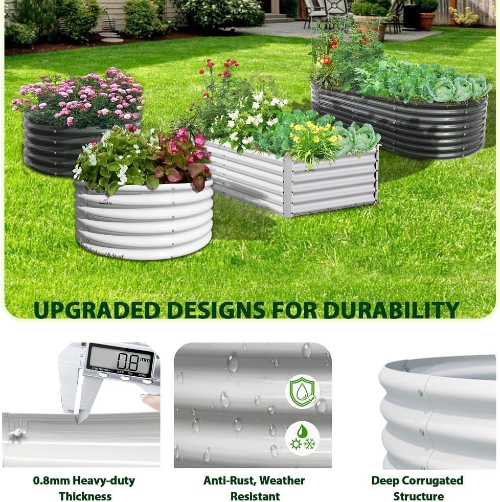 A ANLEOLIFE 6X3X2 ft Galvanized Raised Garden Beds Outdoor-8 Pack, Oval Large Metal Deep Root Planter Box for Planting Vegetables Flowers Herb, Anti-Rust & Easy-Setup, Antique White