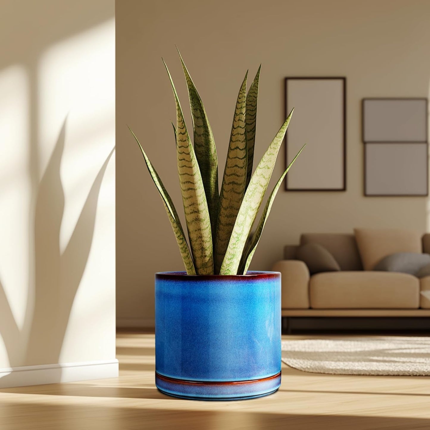 EFISPSS 10 Inch Plant Pot, Ceramic Large Planter for Outdoor Plants, Plant Pots with Drainage Hole and Saucers, Modern Flower Pot for Home Garden Patio Office - Blue