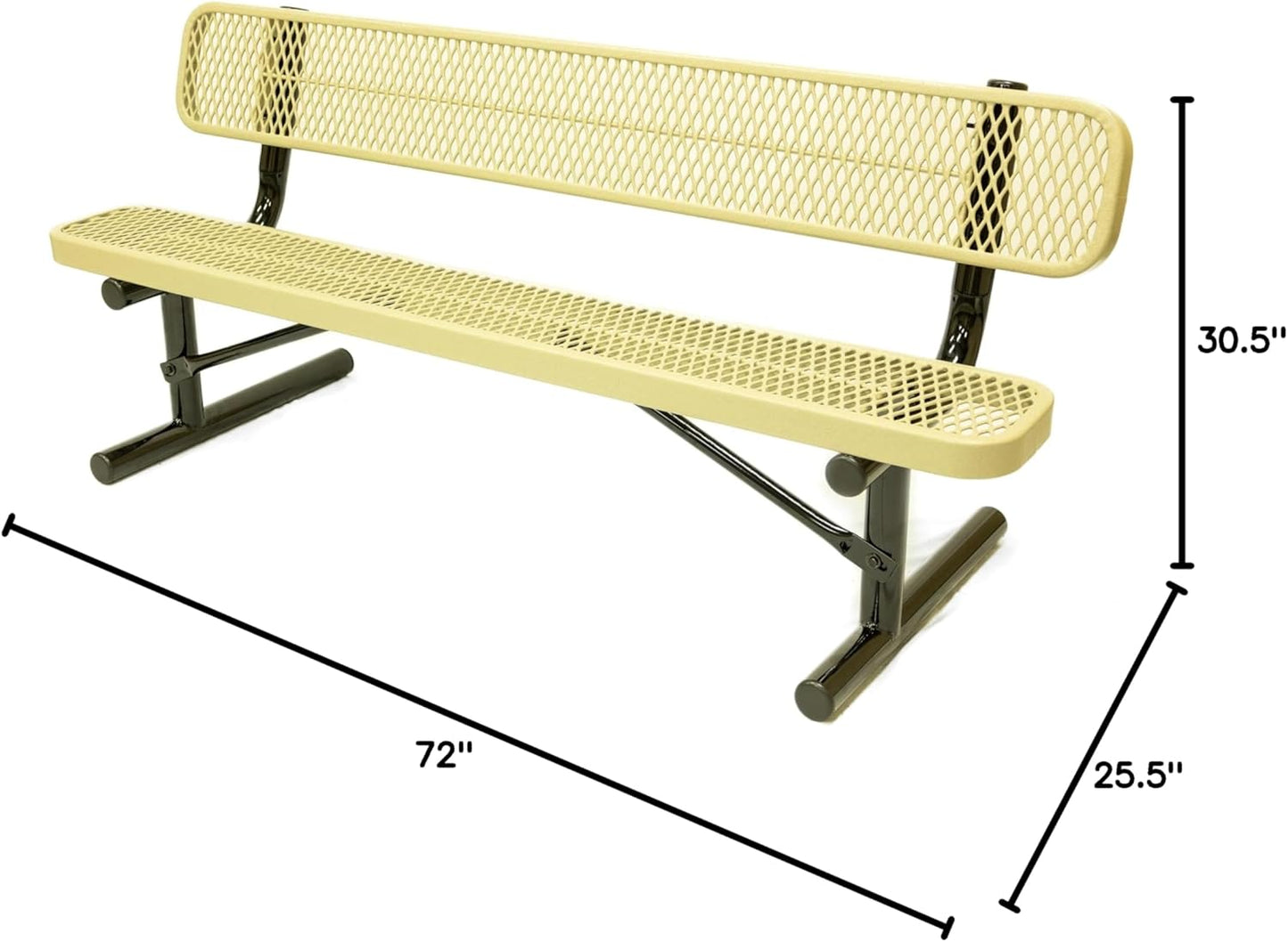 Heavy-Duty Portable Outdoor Bench Thermoplastic Coated, Expanded Metal, Commercial-Grade Seating, Made in America (Portable with Back, 6 Ft, Textured Sandstone)