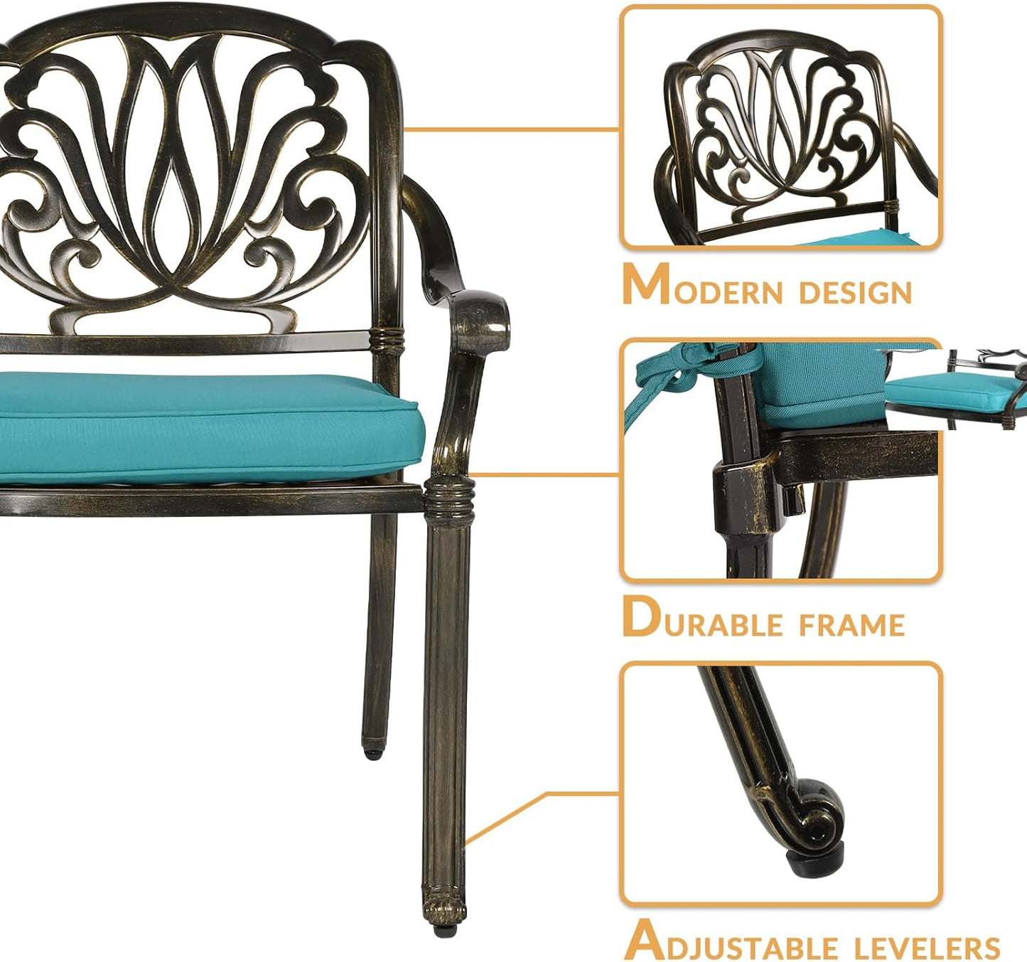 3-Piece Outdoor Patio Dining Set, All-Weather Cast Aluminum Patio Furniture Set for Backyard Garden Deck with 2 Cushioned Chairs and 35.4” Round Table, 2" Umbrella Hole, Ocean Blue