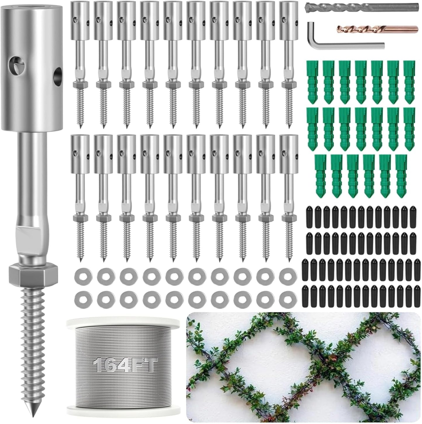 Trellis Wire for Climbing Plants Outdoor, 20 Set Wall Wire Trellis Kit with 1/8" x 164ft Stainless Steel Cable, T316 Espalier System Cable Trellis Kit with Adjustable Spacing Vines Green Wall