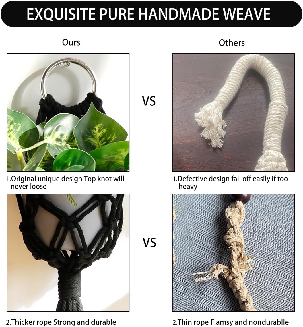 Artilady 2 Pack Black Macrame Plant Hanger Indoor - Large Hanging Planters for Wall Plants Holder Short Hademade Boho Farmhouse Rustic Home Decor