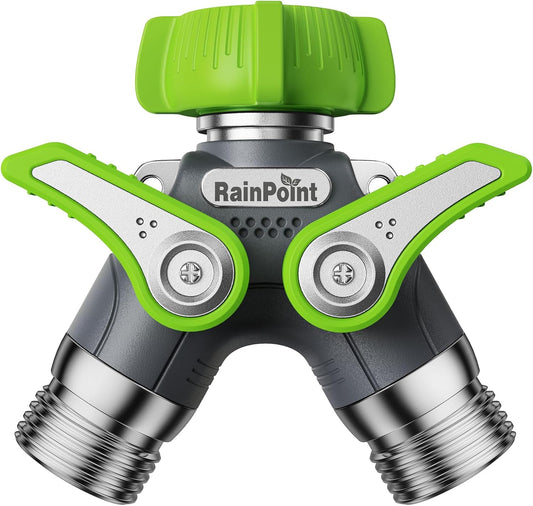 RAINPOINT Garden Hose Splitter, 2 Way Heavy Duty Water Hose Y Spigot Splitter with Shutoff Valves, 100% Metal Body Outdoor Faucet Splitter, 1.9" Extra Long Metal Handle, 3/4" GHT Thread (2, Green)