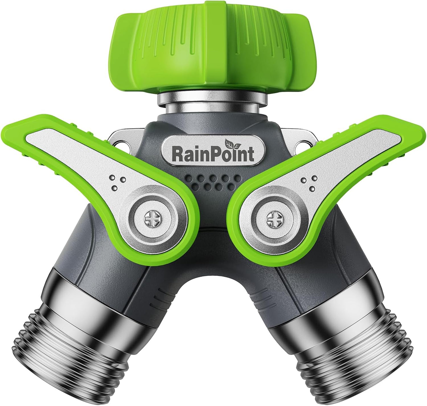 RAINPOINT Garden Hose Splitter, 2 Way Heavy Duty Water Hose Y Spigot Splitter with Shutoff Valves, 100% Metal Body Outdoor Faucet Splitter, 1.9" Extra Long Metal Handle, 3/4" GHT Thread (1, Green)