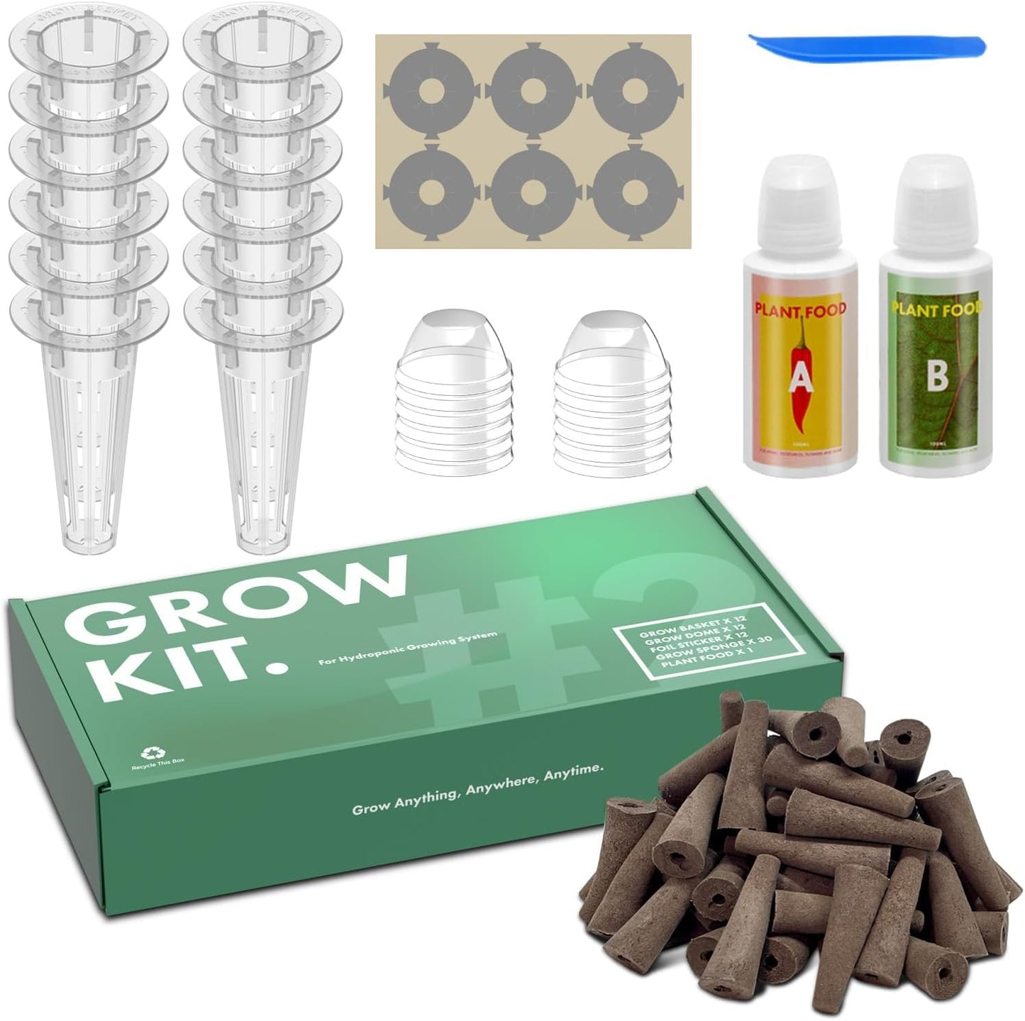 LYKOCLEAN 68pcs Hydroponic Pods Kit for Aerogarden and idoo, Grow Anything Kit with 30 Grow Sponges, 12 Grow Baskets, 12 Grow Domes, 12 Pod Labels, 2 Plant Food, Compatible with Hydroponics for All