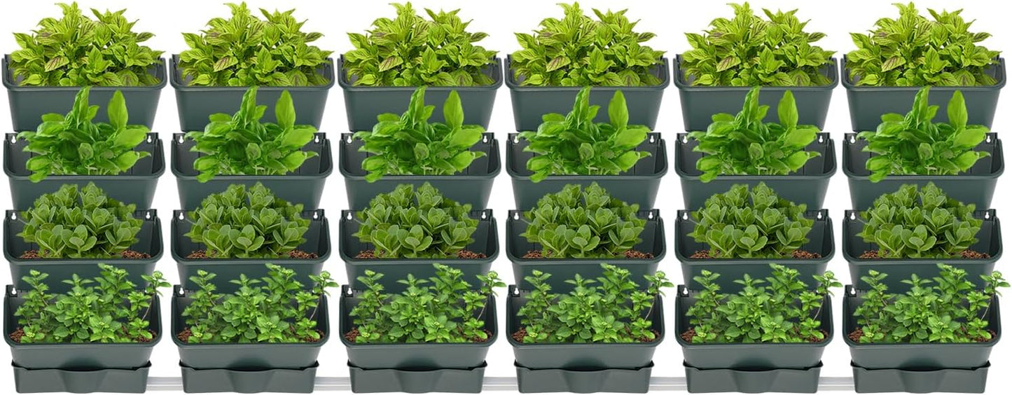 24Pack Vertical Wall Garden Planter, 13 inch Wall-mounted Garden Planters, Stackable Hanging Planter, Plastic Flower Pot with 4 Drainage Tray & 6.56FT Drainage Pipe for Indoor and Outdoor (Green)
